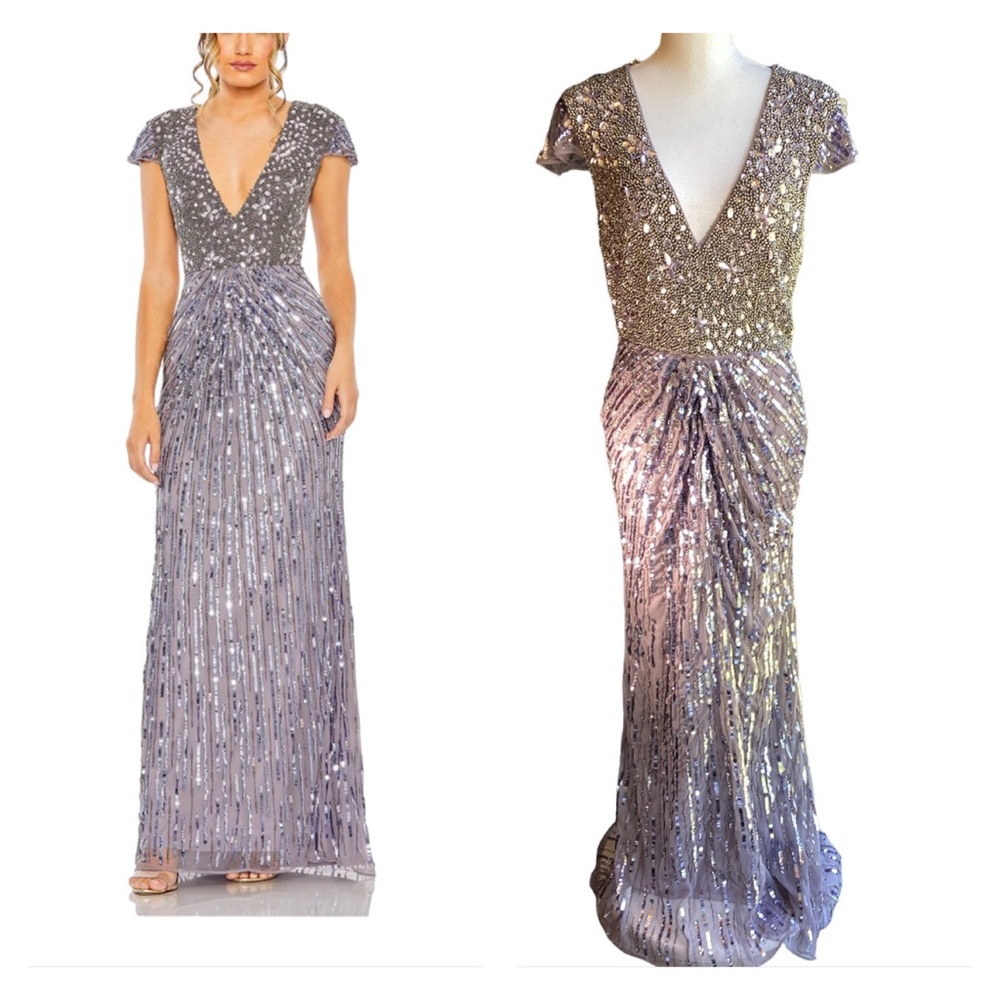 NWT Mac Duggal V Neck Cap Sleeve Hand Beaded Gown in Lavender B28
